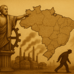 Ilustração sépia mostra o mapa do Brasil com engrenagens emperradas, edifícios públicos em ruínas e uma faixa escrita “progresso” desbotada.