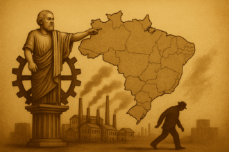 Ilustração sépia mostra o mapa do Brasil com engrenagens emperradas, edifícios públicos em ruínas e uma faixa escrita “progresso” desbotada.