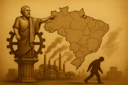Ilustração sépia mostra o mapa do Brasil com engrenagens emperradas, edifícios públicos em ruínas e uma faixa escrita “progresso” desbotada.