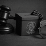 magem crítica sobre censura judicial e controle eleitoral, com martelo de juiz, urna e algemas, simbolizando o poder estatal sobre a liberdade democrática.