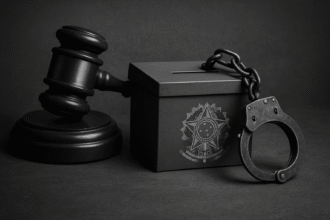 magem crítica sobre censura judicial e controle eleitoral, com martelo de juiz, urna e algemas, simbolizando o poder estatal sobre a liberdade democrática.