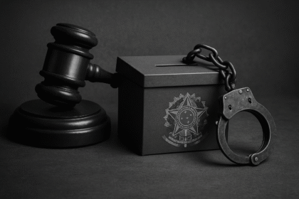 magem crítica sobre censura judicial e controle eleitoral, com martelo de juiz, urna e algemas, simbolizando o poder estatal sobre a liberdade democrática.
