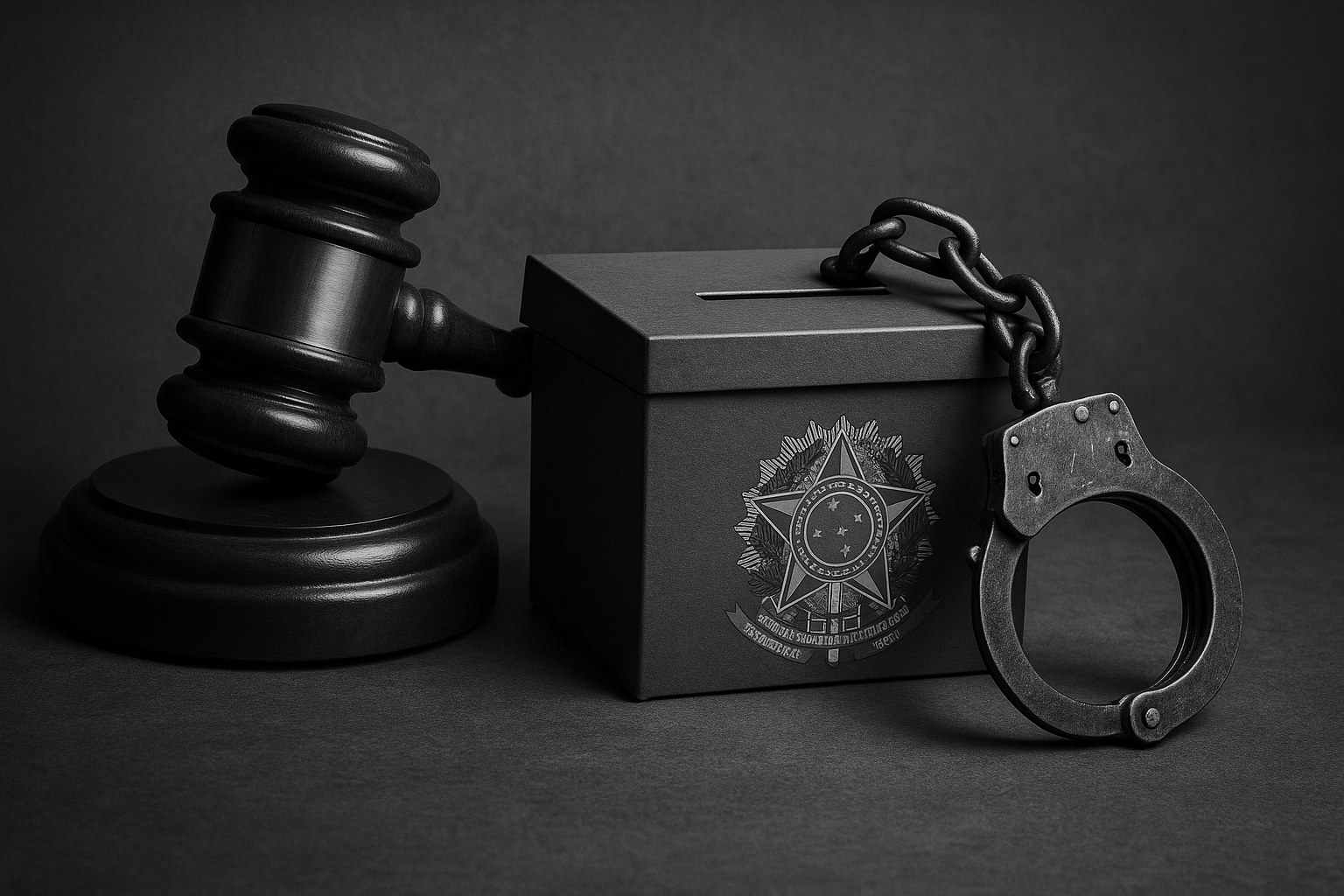 magem crítica sobre censura judicial e controle eleitoral, com martelo de juiz, urna e algemas, simbolizando o poder estatal sobre a liberdade democrática.