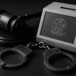 Imagem simbólica sobre censura judicial e controle estatal nas eleições, com martelo de juiz, algemas e urna eletrônica estilizada com brasão nacional.