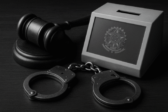 Imagem simbólica sobre censura judicial e controle estatal nas eleições, com martelo de juiz, algemas e urna eletrônica estilizada com brasão nacional.