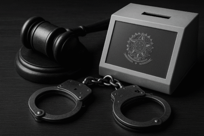 Imagem simbólica sobre censura judicial e controle estatal nas eleições, com martelo de juiz, algemas e urna eletrônica estilizada com brasão nacional.