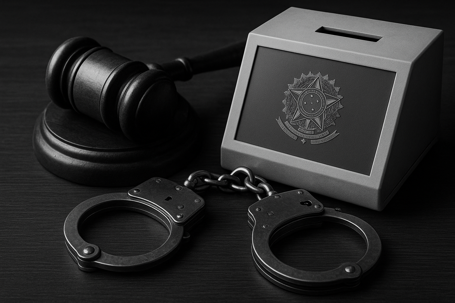 Imagem simbólica sobre censura judicial e controle estatal nas eleições, com martelo de juiz, algemas e urna eletrônica estilizada com brasão nacional.