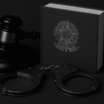 Imagem crítica sobre censura judicial no Brasil, com martelo de juiz, livro jurídico com brasão nacional e algemas, representando o STF como símbolo de repressão institucional.