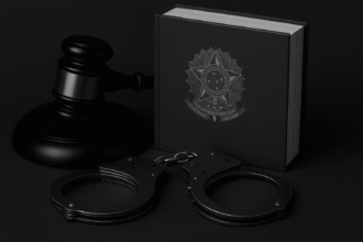 Imagem crítica sobre censura judicial no Brasil, com martelo de juiz, livro jurídico com brasão nacional e algemas, representando o STF como símbolo de repressão institucional.
