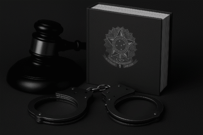 Imagem crítica sobre censura judicial no Brasil, com martelo de juiz, livro jurídico com brasão nacional e algemas, representando o STF como símbolo de repressão institucional.