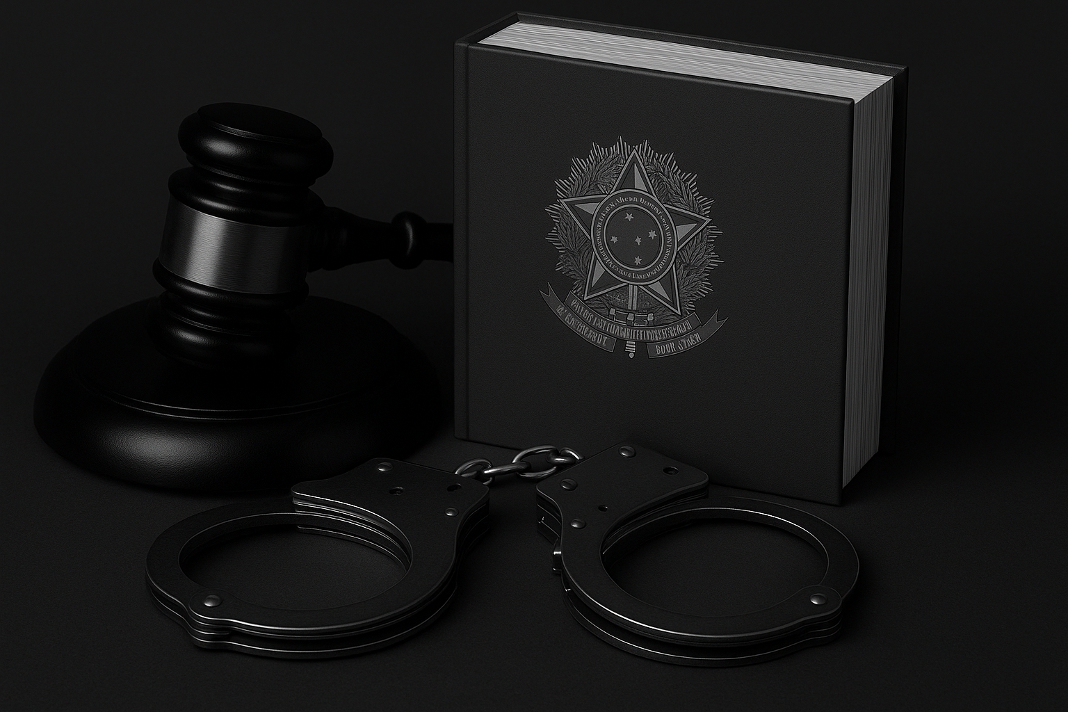 Imagem crítica sobre censura judicial no Brasil, com martelo de juiz, livro jurídico com brasão nacional e algemas, representando o STF como símbolo de repressão institucional.