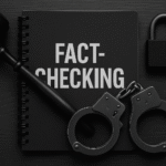 Imagem crítica sobre censura por agências de checagem, com gavel, algemas e caderno “Fact-Checking” sobre fundo escuro, simbolizando repressão informativa.