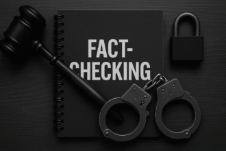 Imagem crítica sobre censura por agências de checagem, com gavel, algemas e caderno “Fact-Checking” sobre fundo escuro, simbolizando repressão informativa.