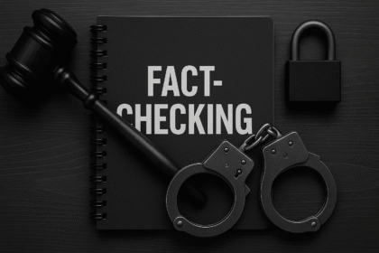 Imagem crítica sobre censura por agências de checagem, com gavel, algemas e caderno “Fact-Checking” sobre fundo escuro, simbolizando repressão informativa.