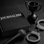 Imagem simbólica sobre o jornalismo domesticado, com livro “Journalism”, troféu, algemas e microfone, representando a submissão da imprensa ao poder estatal.