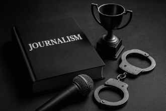 Imagem simbólica sobre o jornalismo domesticado, com livro “Journalism”, troféu, algemas e microfone, representando a submissão da imprensa ao poder estatal.