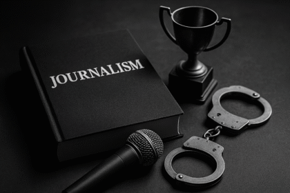 Imagem simbólica sobre o jornalismo domesticado, com livro “Journalism”, troféu, algemas e microfone, representando a submissão da imprensa ao poder estatal.