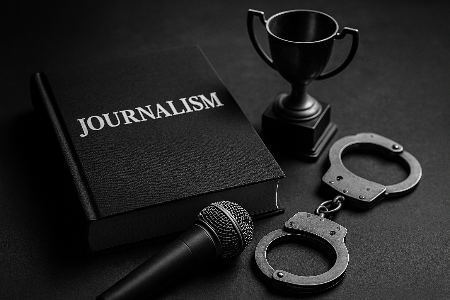 Imagem simbólica sobre o jornalismo domesticado, com livro “Journalism”, troféu, algemas e microfone, representando a submissão da imprensa ao poder estatal.