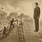 Ilustração crítica mostrando um homem engravatado suspenso por cordas acima de uma multidão que tenta escalar uma escada quebrada diante de instituições estatais