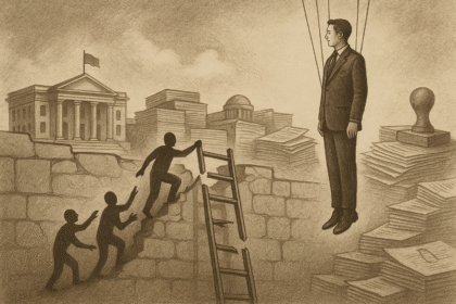Ilustração crítica mostrando um homem engravatado suspenso por cordas acima de uma multidão que tenta escalar uma escada quebrada diante de instituições estatais