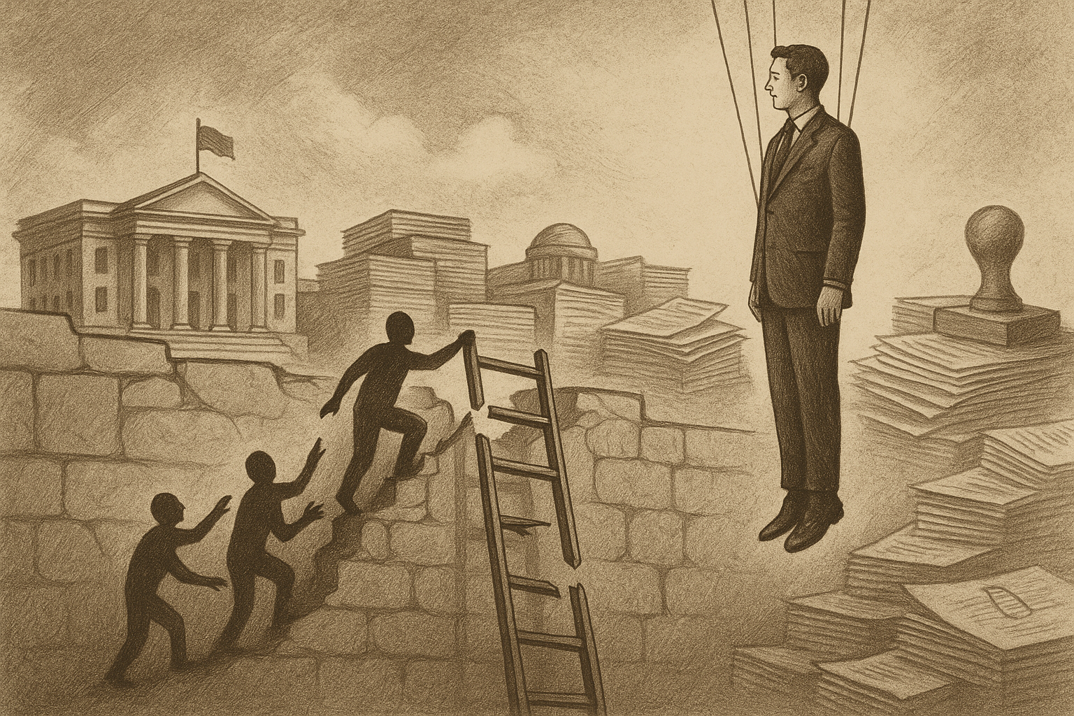 Ilustração crítica mostrando um homem engravatado suspenso por cordas acima de uma multidão que tenta escalar uma escada quebrada diante de instituições estatais