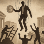 Ilustração sépia de um empresário suspenso por cordas, segurando uma moeda, enquanto figuras tentam alcançá-lo diante de prédios estatais e papéis burocráticos
