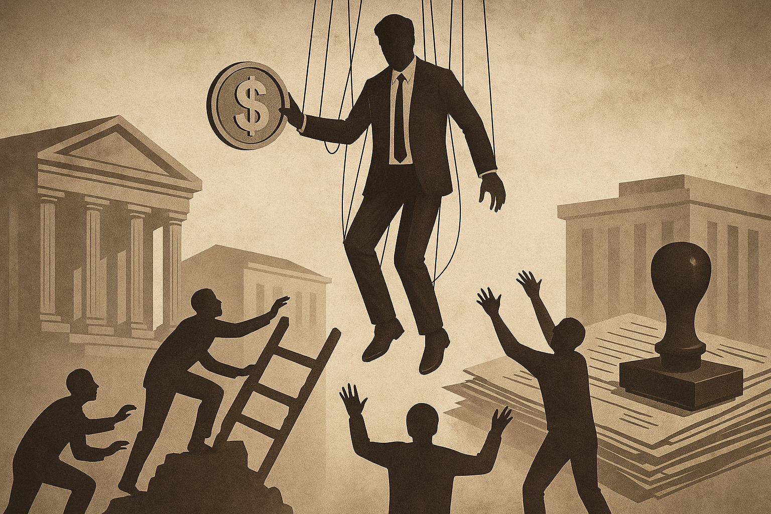 Ilustração sépia de um empresário suspenso por cordas, segurando uma moeda, enquanto figuras tentam alcançá-lo diante de prédios estatais e papéis burocráticos
