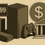 Moeda sobre edifício do Banco Central ao lado de Xbox e etiqueta de preço R$399