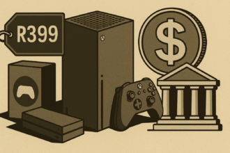 Moeda sobre edifício do Banco Central ao lado de Xbox e etiqueta de preço R$399