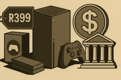 Moeda sobre edifício do Banco Central ao lado de Xbox e etiqueta de preço R$399