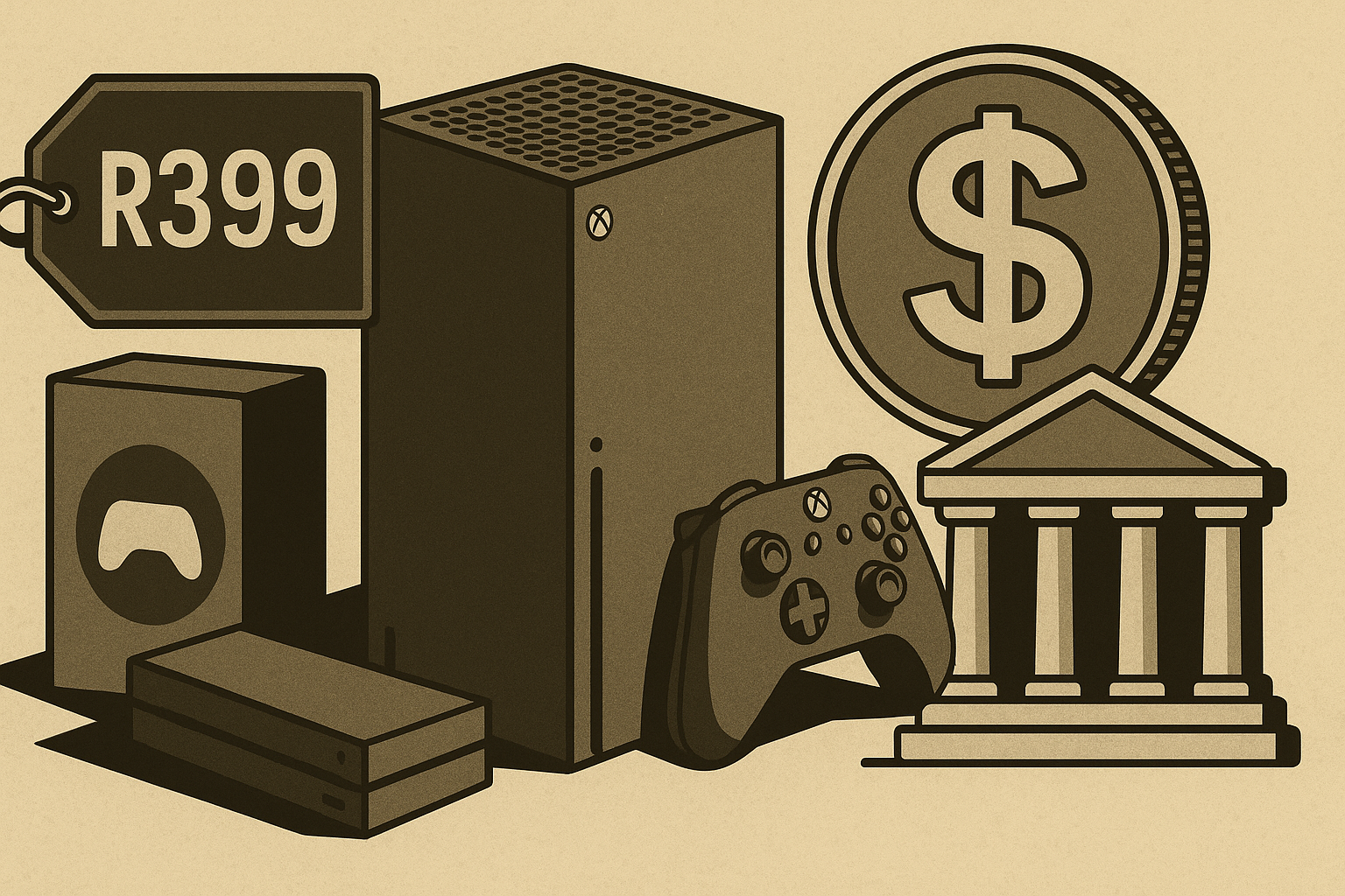 Moeda sobre edifício do Banco Central ao lado de Xbox e etiqueta de preço R$399