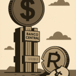 Ilustração em sépia mostra o real desvalorizado diante do dólar e do Banco Central
