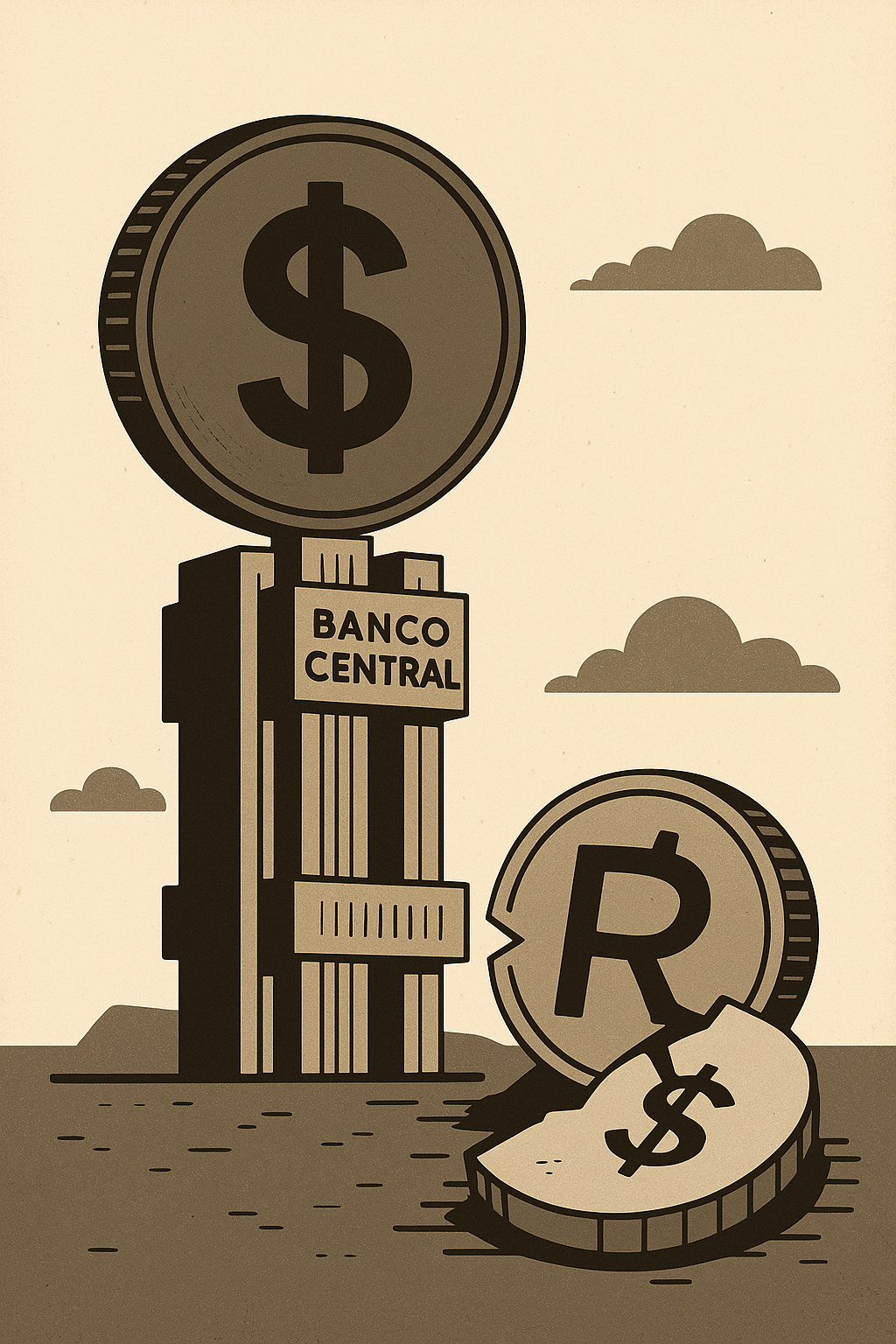 Ilustração em sépia mostra o real desvalorizado diante do dólar e do Banco Central