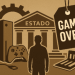Ilustração mostra console Xbox entre estrutura estatal e a palavra “Game Over”