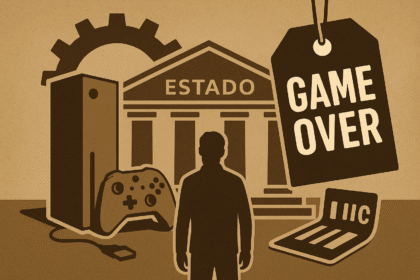 Ilustração mostra console Xbox entre estrutura estatal e a palavra “Game Over”