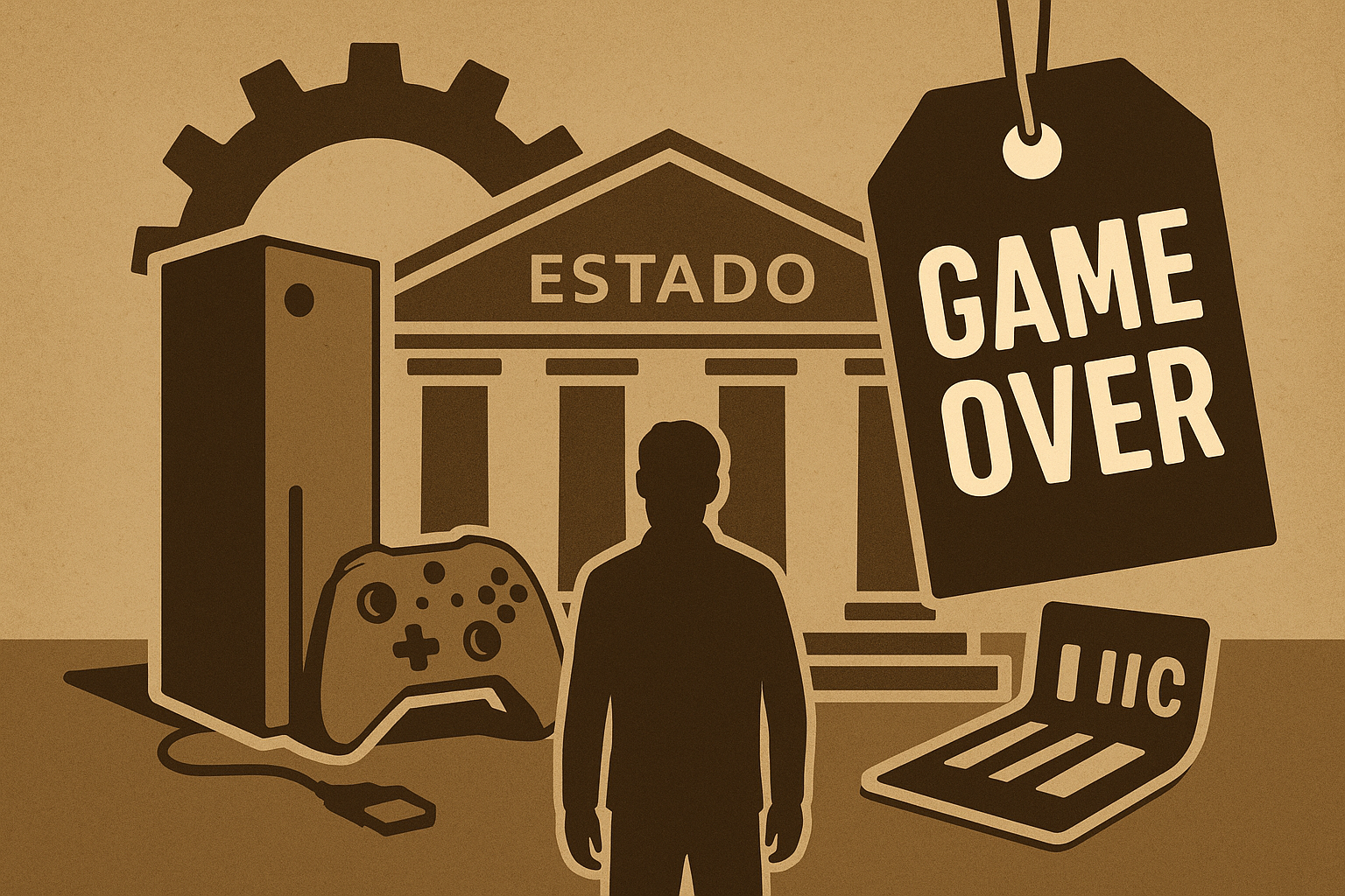 Ilustração mostra console Xbox entre estrutura estatal e a palavra “Game Over”