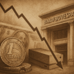 Ilustração mostra prédio do Ibovespa ao lado de dólar valorizado e moedas de real desgastadas