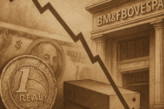 Ilustração mostra prédio do Ibovespa ao lado de dólar valorizado e moedas de real desgastadas