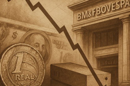 Ilustração mostra prédio do Ibovespa ao lado de dólar valorizado e moedas de real desgastadas